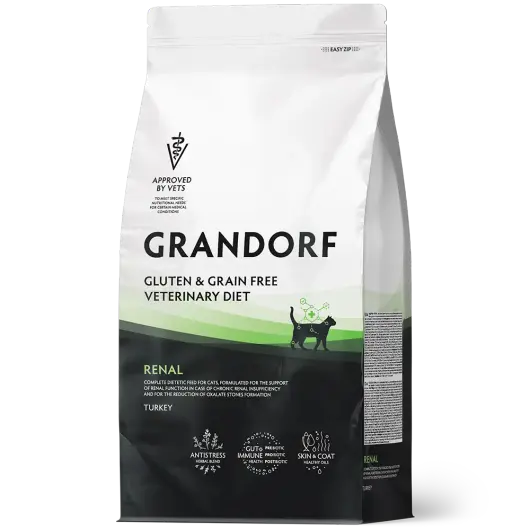Сухой корм GRANDORF VETERINARY DIET Cat RENAL Полнорационный диетический корм для кошек, для поддержки функции почек при ХБН, индейка 0,4кг