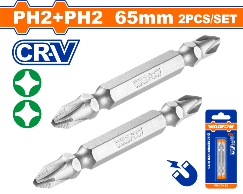 Бита 2 шт PH2+PH2x65 мм (150/300) WADFOW WSV0K12