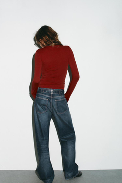 ZARA ФУТБОЛКА С ДЛИННЫМИ РУКАВАМИ, ТЕМНО-РОЗОВЫЙ