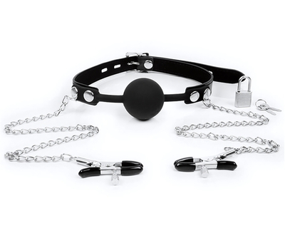 Кляп с зажимами на соски черный