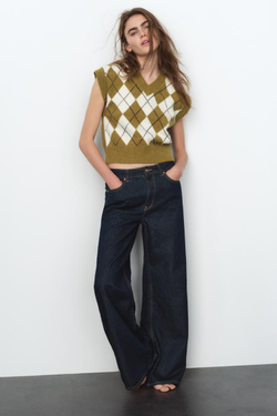 ZARA ЖАККАРДОВЫЙ ЖИЛЕТ С УЗОРОМ «РОМБЫ», ЗЕЛЕНЫЙ