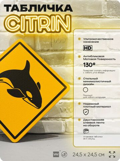 Табличка прикольная "Осторожно, кит" на дверь и стену, информационная и предупреждающая, декоративный знак, 24,5х24,5 см, пластиковая, Айдентика Технолоджи