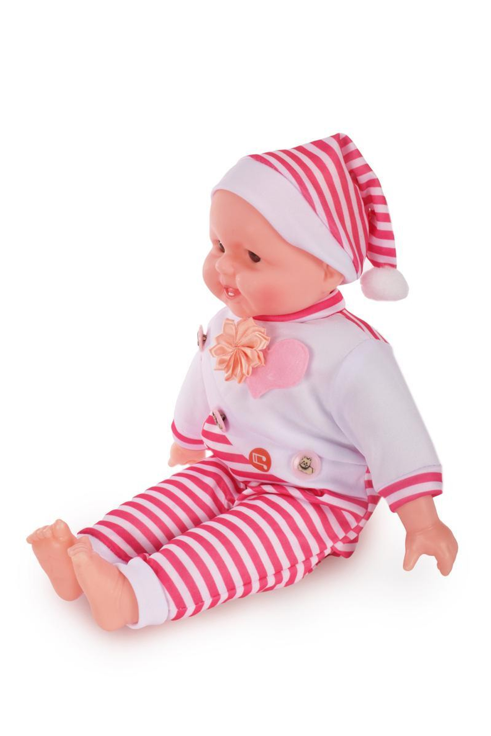 Пупс в комбинезоне и колпаке в полоску Малиновый в упаковке 16x35x8см. (Hand)