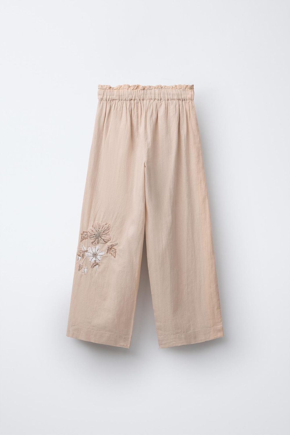 ZARA БРЮКИ ИЗ СМЕСОВОГО ЛЬНА С ВЫШИВКОЙ, СВЕТЛО-БЕЖЕВЫЙ