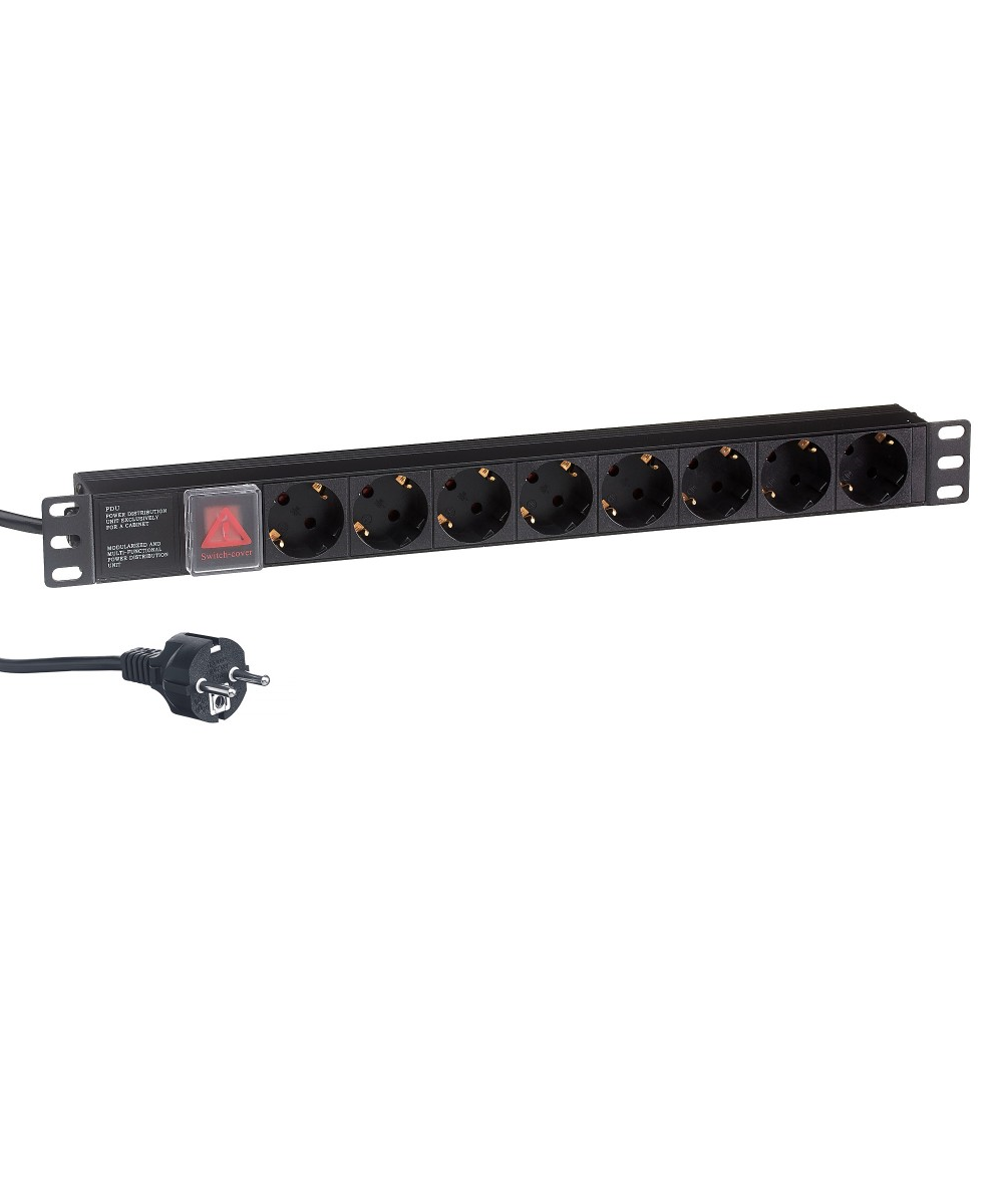 Блок розеток горизонтальный ExeGate ServerPro PDU-19H802 Al-8S-EU1.8CU-SW (19", 1U, Алюминий, 8 Schuko, кабель с евровилкой VDE-250V-16A-3*1.5mm2, медь, 1.8 метра, выкл. с подсветкой, черный, RTL)