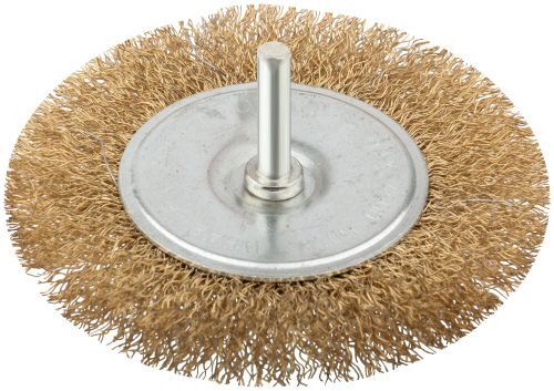 Корщетка дисковая прямая, со шпилькой, стальная латунированная волнистая проволока 100 мм 38465