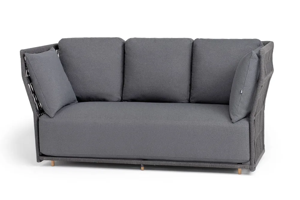 "Лугано" диван 3-местный плетеный из роупа, каркас алюминий темно-серый (RAL7024) муар, роуп темно-серый круглый, ткань темно-серая YB25-0027