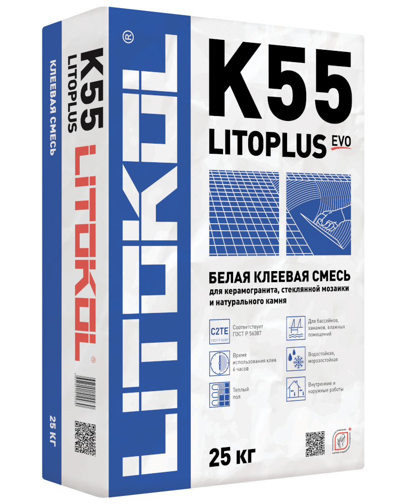 LITOKOL Клей улучшенный для мозаики (плитки) LITOPLUS K55 / ЛИТОПЛЮС белый, мешок 25 кг