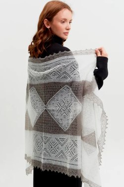 Оренбургский пуховый палантин двухцветный АИ16070-01/03 белый/серый