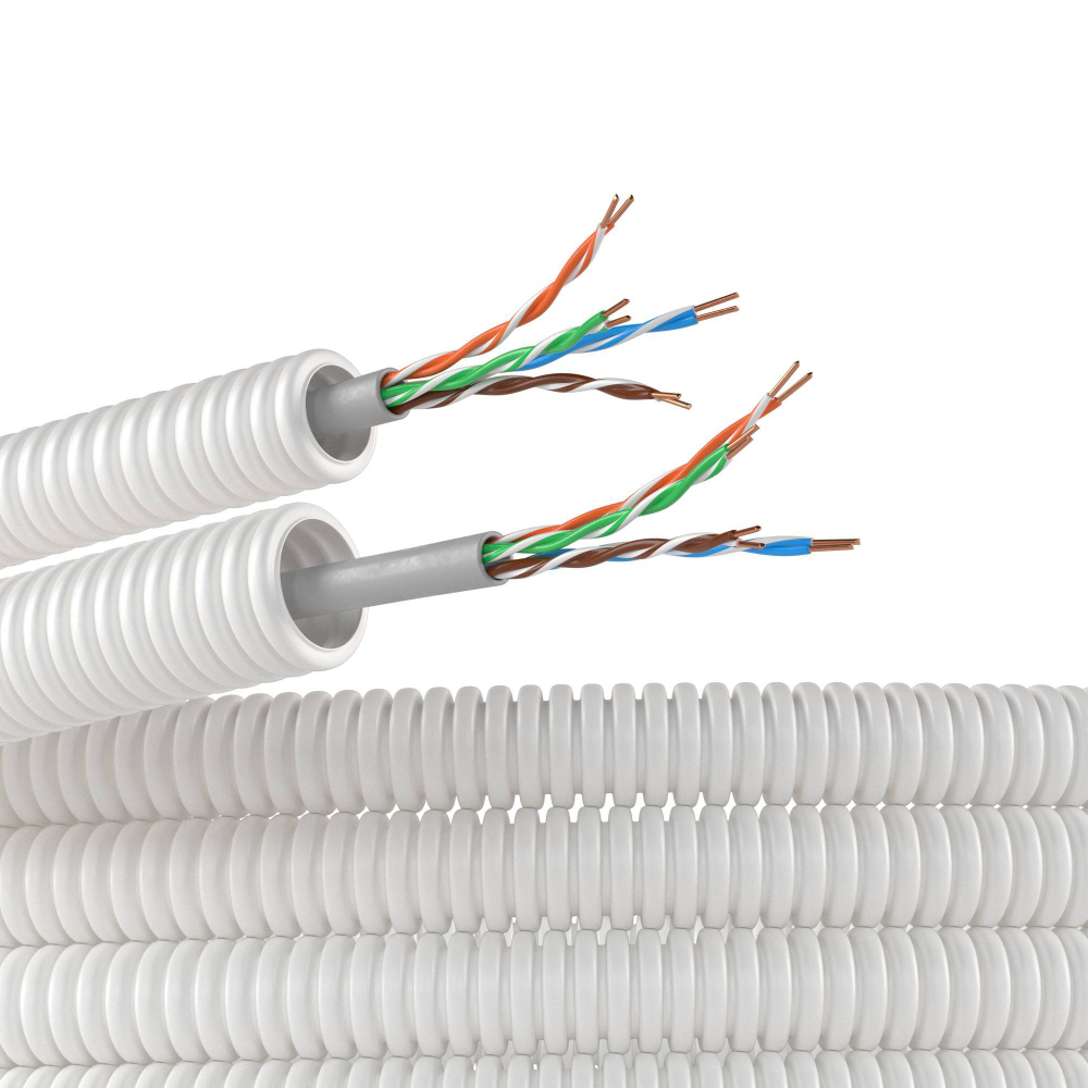 Элетротруба из ПЛЛ не содержит галогенов, гибкая гофрированна д. 16 мм,цвет белый, с кабелем витая пара 5EU/UTP нг(А)-HF, 100 м