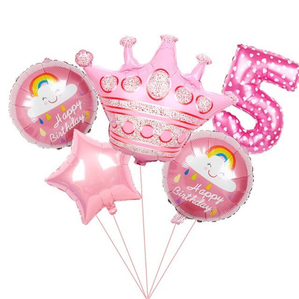 Шар (40"/102 см) Цифра, 5, Сердечки, Розовый, в упаковке 1 шт.