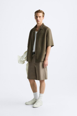 ZARA РУБАШКА ИЗ ЛИОЦЕЛЛА И ЛЬНА, КОРИЧНЕВЫЙ