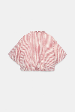 ZARA ТОП-БАЛЛОН В ПОЛОСКУ С ЗАВЯЗКАМИ, ЭКРЮ/ГРАНАТОВЫЙ