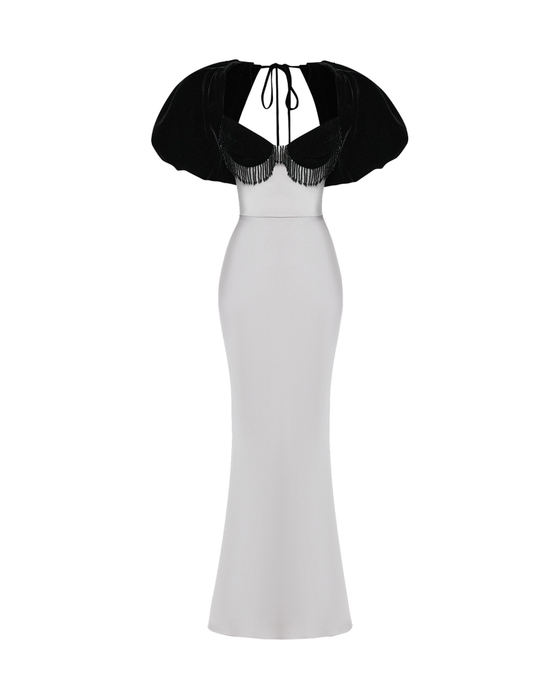 Платье макси из бархата и сатина с объемными рукавами и бахромой