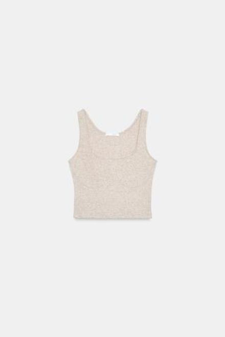 ZARA КРОП-ТОП НА БРЕТЕЛЯХ В РУБЧИК, БЕЖЕВЫЙ МЕЛАНЖ