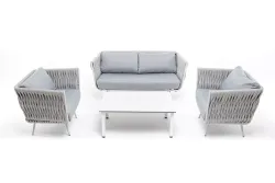 "Монако" лаунж-зона 4-местная из роупа со столом "Верона" (серый гранит), каркас светло-серый, роуп светло-серый