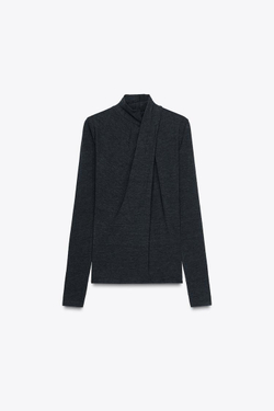 ZARA ФУТБОЛКА С ДРАПИРОВКОЙ СПЕРЕДИ, МАРЕНГО МЕЛАНЖ