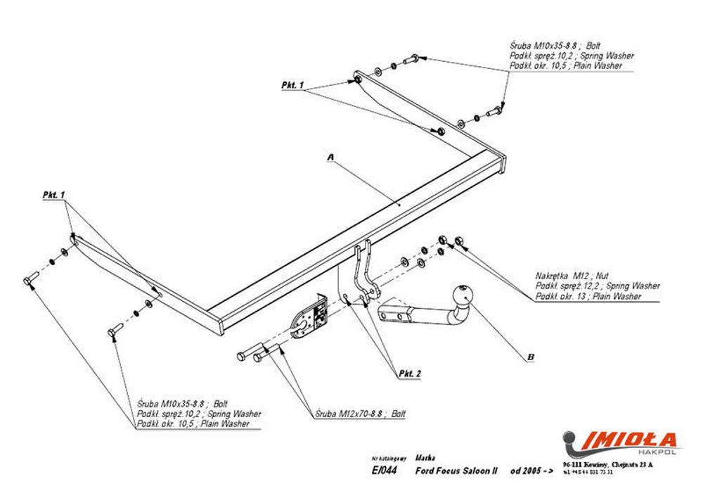 Фаркоп IMIOLA E.044 Ford Focus седан 2005-2011(паспорт и сертификат в комплекте)(без электрики)