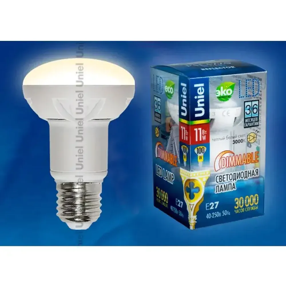 LED-R63-11W/WW/E27/FR/DIM PLP01WH Лампа светодиодная диммируемая. Форма рефлектор, матовая. Серия Palazzo. Теплый белый свет. Картон. ТМ Uniel.