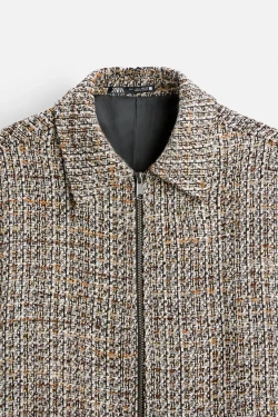 ZARA КУРТКА-РУБАШКА ИЗ РЕЛЬЕФНОЙ ТКАНИ С МОЛНИЕЙ, РЫЖЕВАТО-КОРИЧНЕВЫЙ