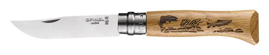 Складной нож Opinel №8, нержавеющая сталь, рукоять дуб, гравировка рыба, 002334 c клинком из стали Sandvik™ 12С27