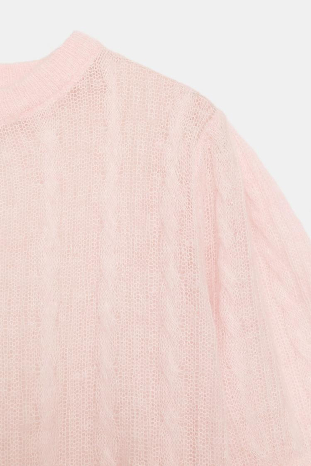 ZARA СВИТЕР С УЗОРОМ «КОСЫ» ИЗ СМЕСОВОЙ ШЕРСТИ С КОРОТКИМИ РУКАВАМИ, ПАСТЕЛЬНО-РОЗОВЫЙ