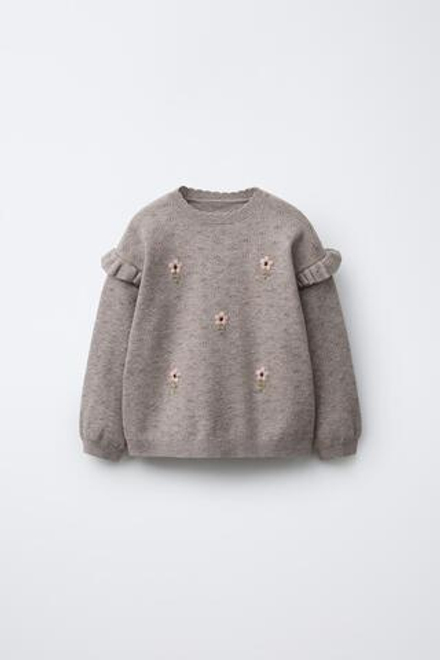 ZARA ТРИКОТАЖНЫЙ ДЖЕМПЕР С ВЫШИВКОЙ В ВИДЕ ЦВЕТОВ, СЕРО-КОРИЧНЕВЫЙ