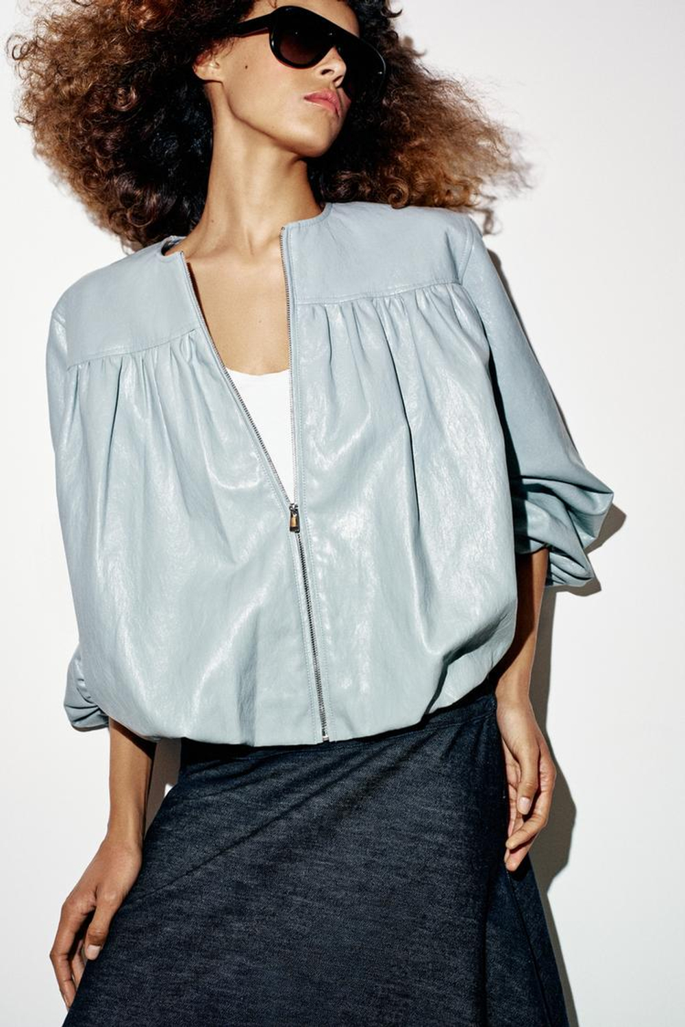 ZARA КУРТКА-БОМБЕР ИЗ ИСКУССТВЕННОЙ КОЖИ, НЕБЕСНО-ГОЛУБОЙ