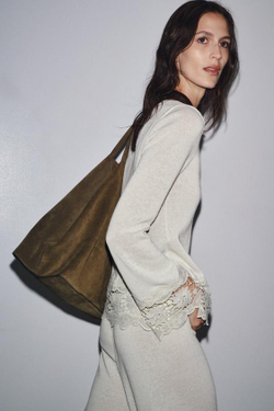 ZARA КОМБИНИРОВАННЫЕ БРЮКИ С ГИПЮРОМ, ЭКРЮ