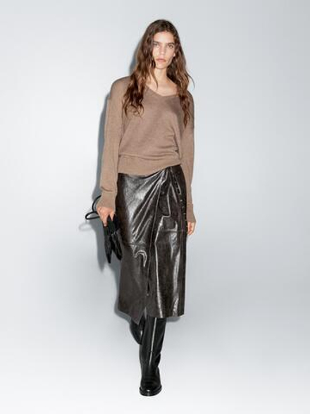 Massimo Dutti Юбка миди из кожи наппа, коричневый