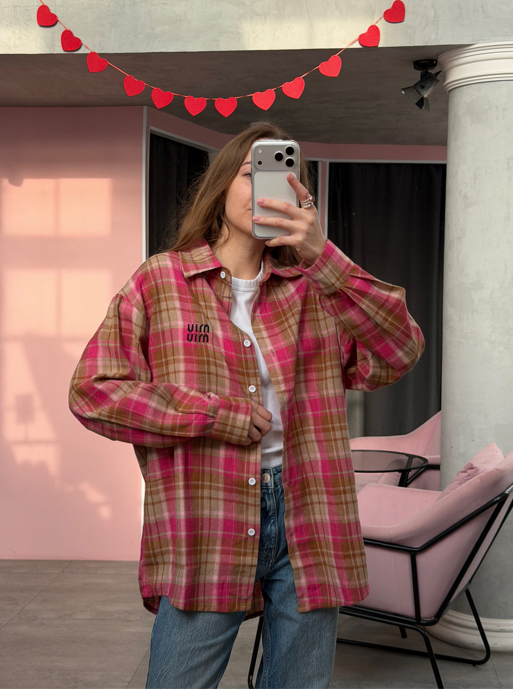 Рубашка в клетку фуксия