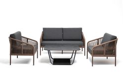 "Канны" лаунж-зона 4-местная из роупа со столом "Верона" (серый гранит), каркас алюминиевый коричневый, роуп коричневый