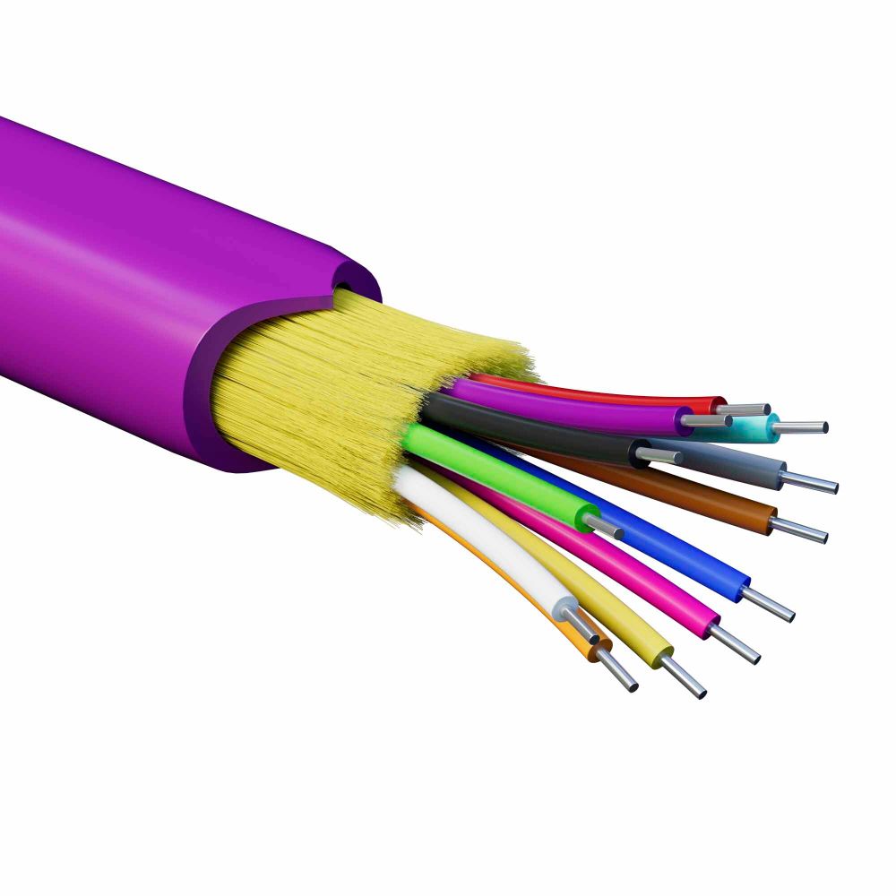 Кабель волоконно-оптический, распределительный, арамидные упрочняющие нити, для внутренней прокладки, нг(A)-HFLTx, 12 ОВ, категория OM4 (G.651.1) плотный буфер, 0,4 кН, барабан 2000 м