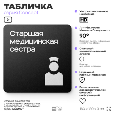 Табличка Медсестра, на дверь и стену, навигационная и информационная, серия CONCEPT, 18х18 см, Айдентика Технолоджи