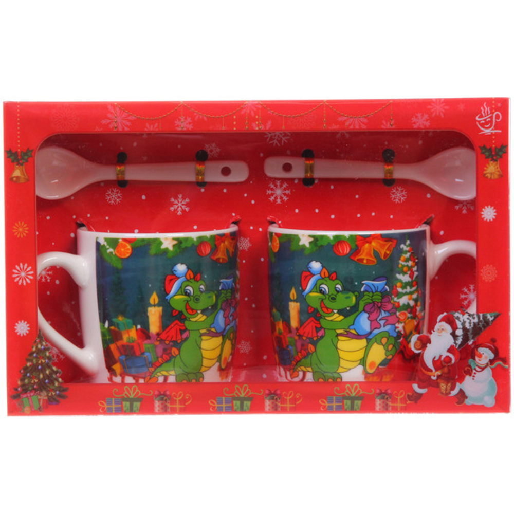 Кружка керамическая 200мл в наборе 2шт с ложками «Веселый Дракоша»