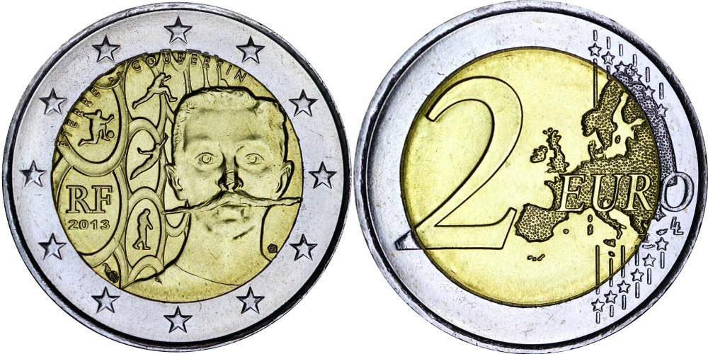 Франция 2 евро, 2013 150 лет со дня рождения Пьера де Кубертена UNC