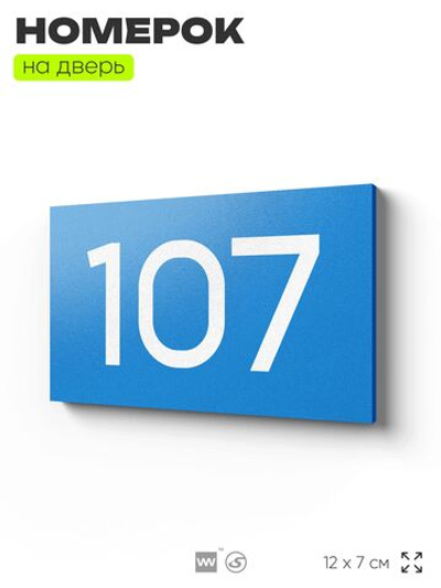 Номер на дверь квартиры 107, табличка на дверь для офиса, кабинета, аудитории, склада, голубой 120х70 мм, Айдентика Технолоджи