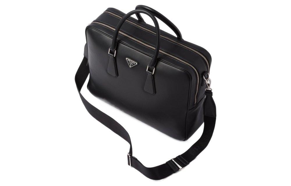 PRADA Leather Portable One Shoulder Crossbody Briefcase Men"s Black