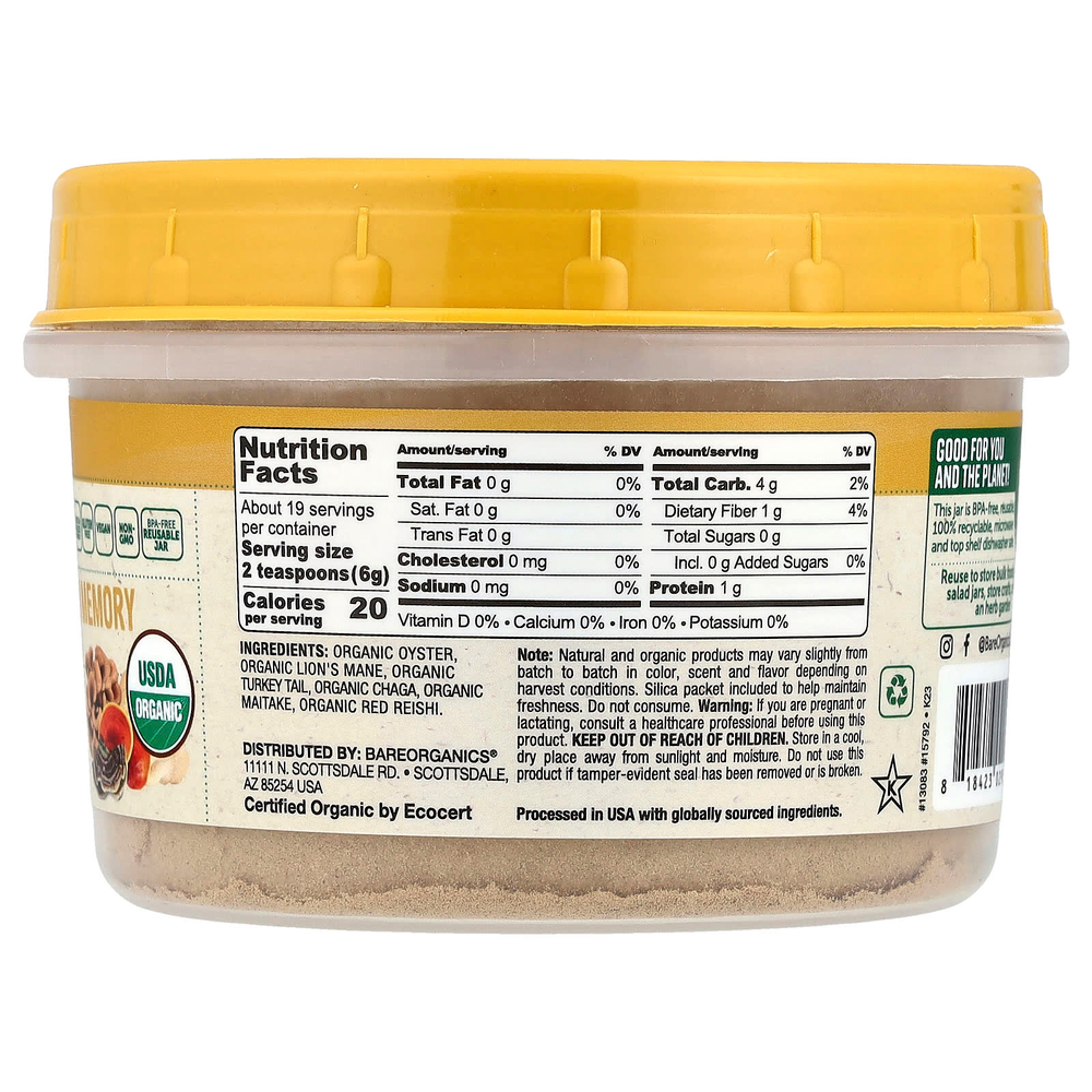 BareOrganics, Органическая смесь грибов Memory 6, порошок, 114 г (4 унции)