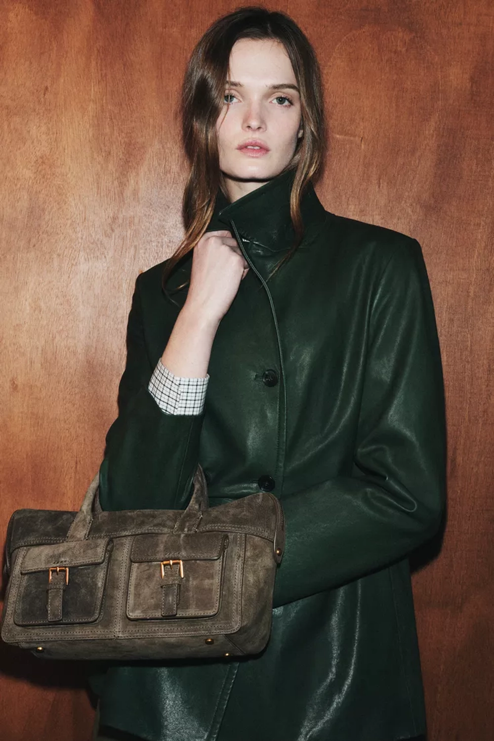 ZARA КОЖАНАЯ СУМКА С КАРМАНАМИ, ЗЕЛЕНЫЙ