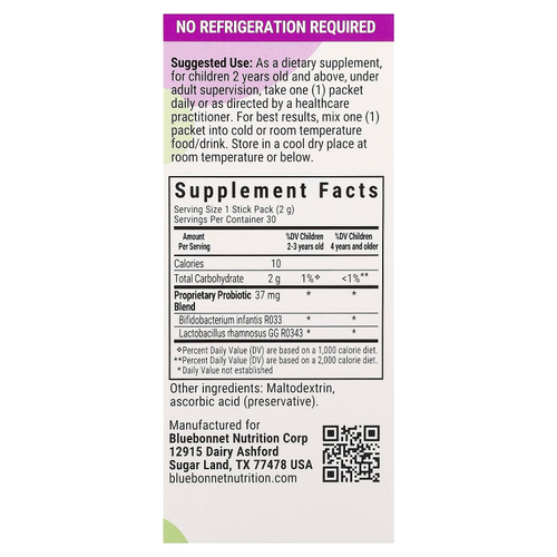 Bluebonnet Nutrition, Kids, пробиотик, для детей от 2 лет, без вкусовых добавок, 30 пакетиков по 2 г (0,07 унции)