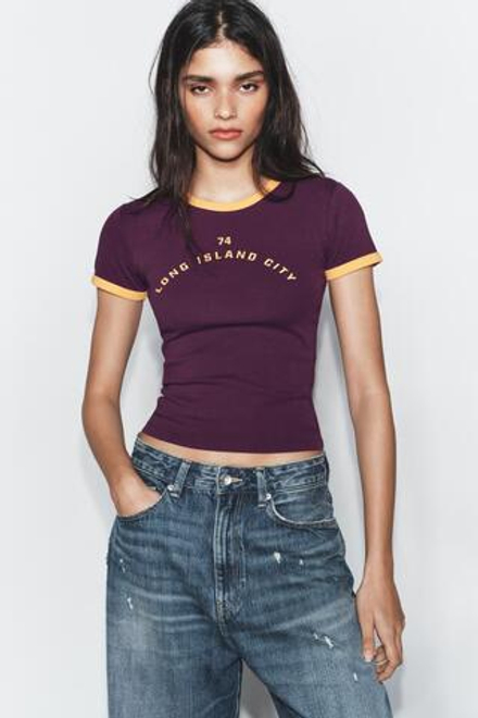 ZARA ФУТБОЛКА С НАДПИСЬЮ, ВИННЫЙ