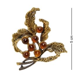 AM-2085 Брошь «Веточка Рябины» (латунь, янтарь)