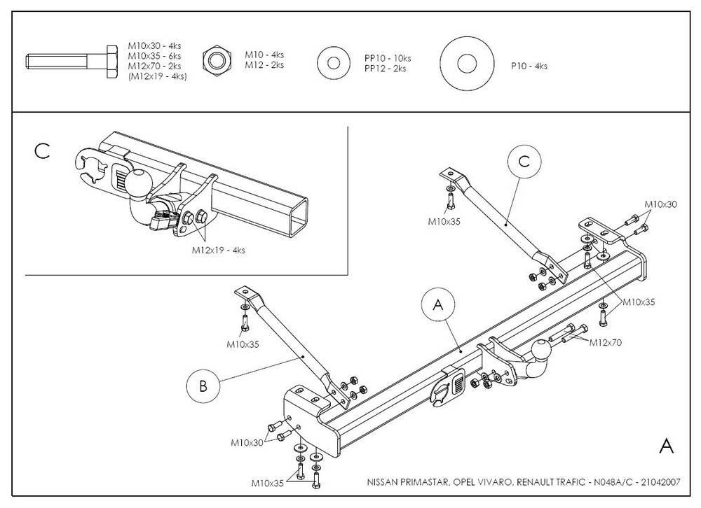 Фаркоп оцинкованный Galia N048A для Nissan Primastar 2002-2014, Opel Vivaro 2002-2014, Renault Trafic 2002-2014(паспорт и сертификат в комплекте)(без электрики)