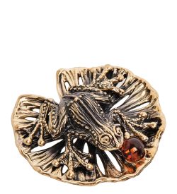 Народные промыслы AM-3023 Фигурка «Лягушка на кувшинке с шарико» (латунь, янтарь)