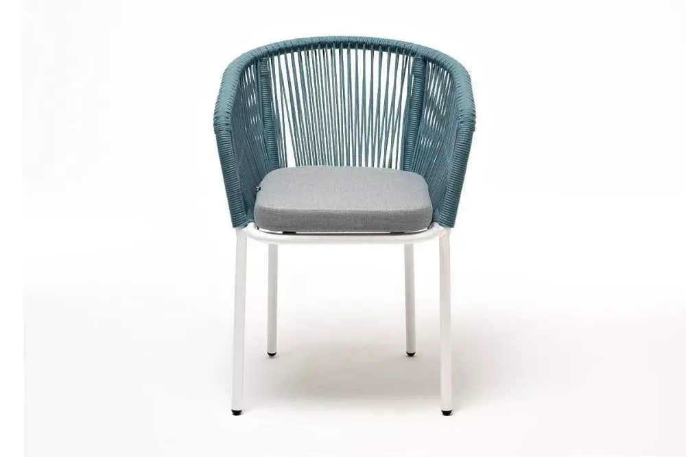 "Марсель" стул плетеный из роупа, каркас алюминий светло-серый (RAL7035) муар, роуп бирюзовый круглый, ткань светло-серая