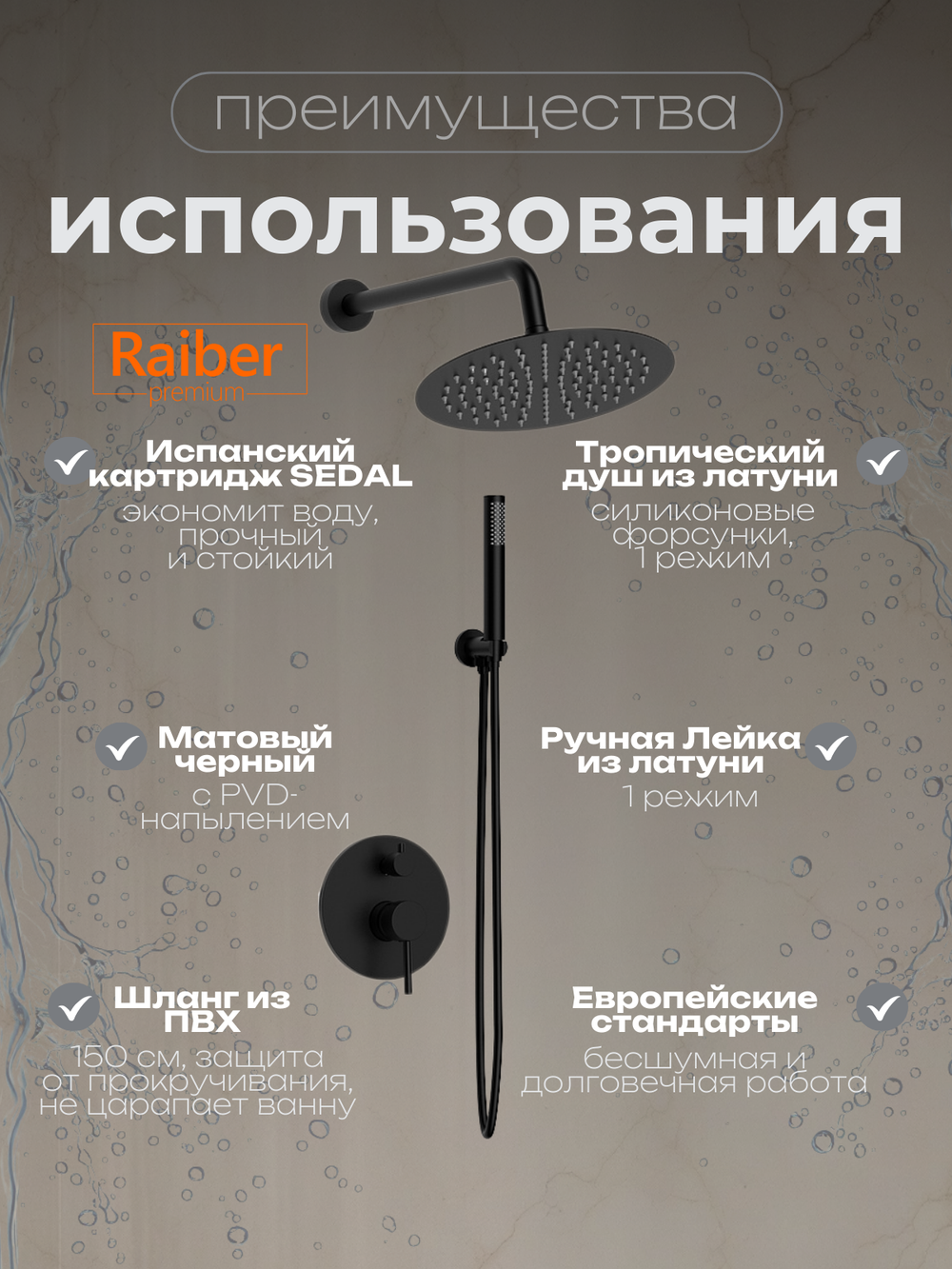 Душевая система скрытого монтажа Raiber Premium, Graceful RPB-005, матовый черный