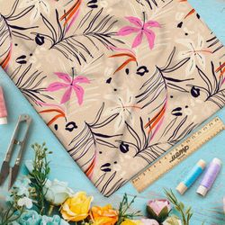 Ткань флис контурные листья с розовыми