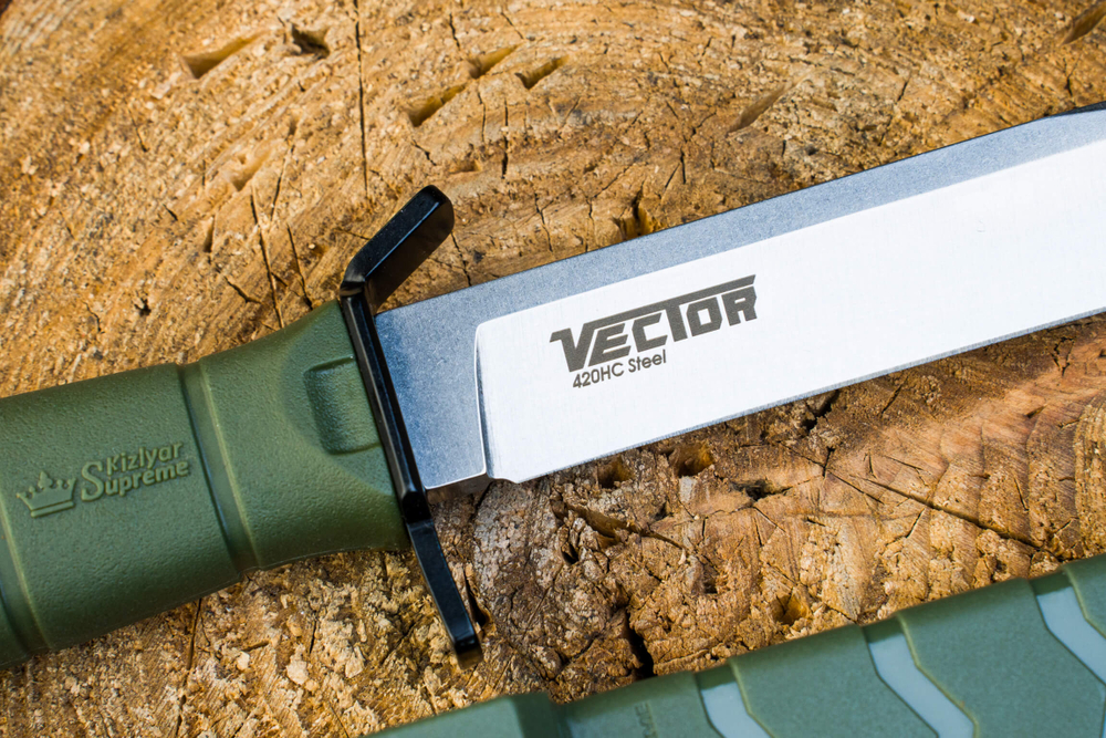 Нож Kizlyar Supreme VECTOR 420HC SW OKH PS (StoneWash, Olive Kraton Handle, Polyamide Sheath)