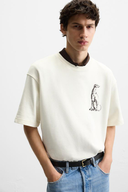 ZARA ТОЛСТОВКА С ВЫШИВКОЙ "БОРЗАЯ", ЖЕЛТОВАТО-БЕЛЫЙ